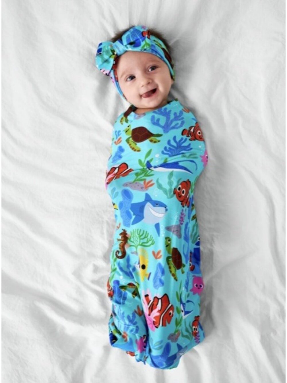 NIB Little Sleepies Disney Nemo Reef Swaddle & Luxe Bow Headband Photo Prop